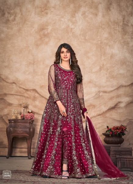 Red Colour Embroidered Designer Net Salwar Suit