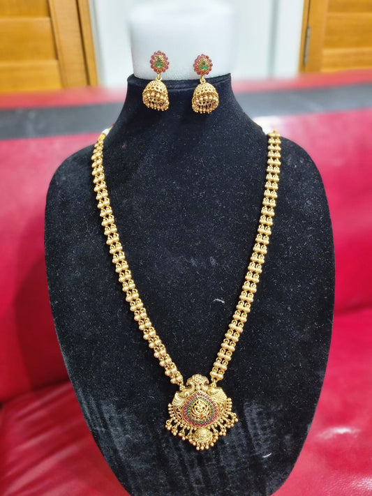 Long Antique Gold Haaram with Ruby & Emerald Temple Pendant & Jhumka Earrings