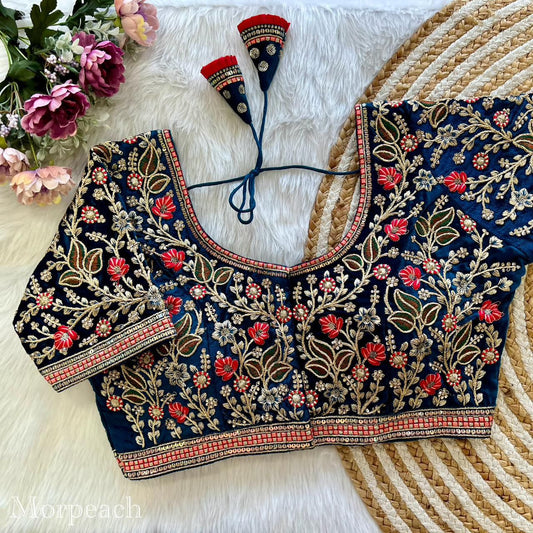 Velvet Embroidery heavy work  readymade saree blouses