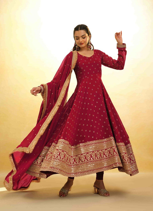 Red Embroidered partywear Salwar Suit