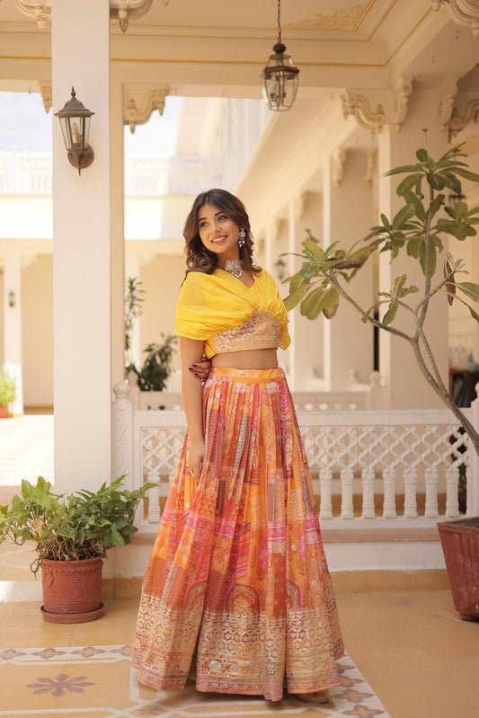 Yellow Embroidery Russian Silk Indo Western Lehenga Choli