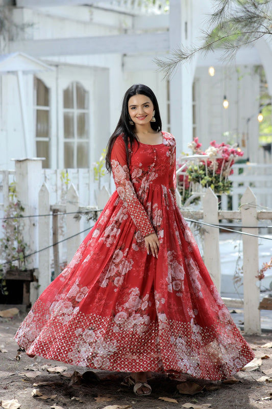 Red Faux Georgette Printed Party wear Readymade Gown