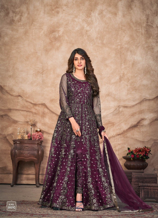 Purple  Embroidered Designer Net Salwar Suit