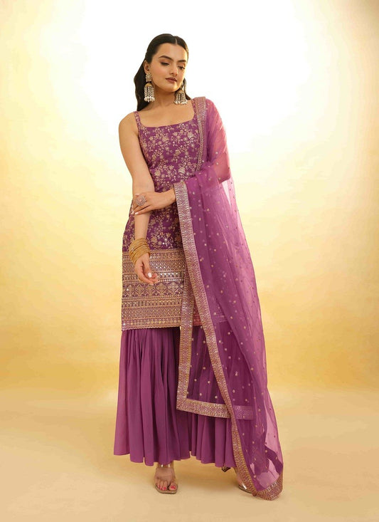 Onion Pink Georgette Embroidered Party wear Sharara Suit