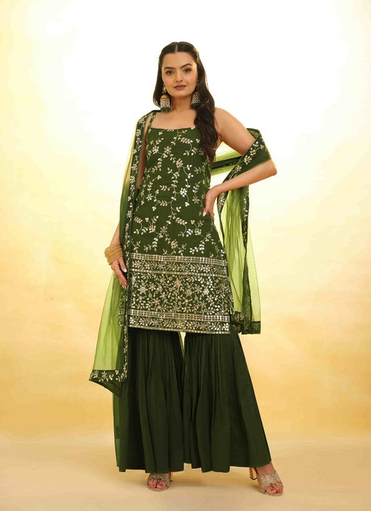 Olive Green Embroidered Party wear Sharara Suit