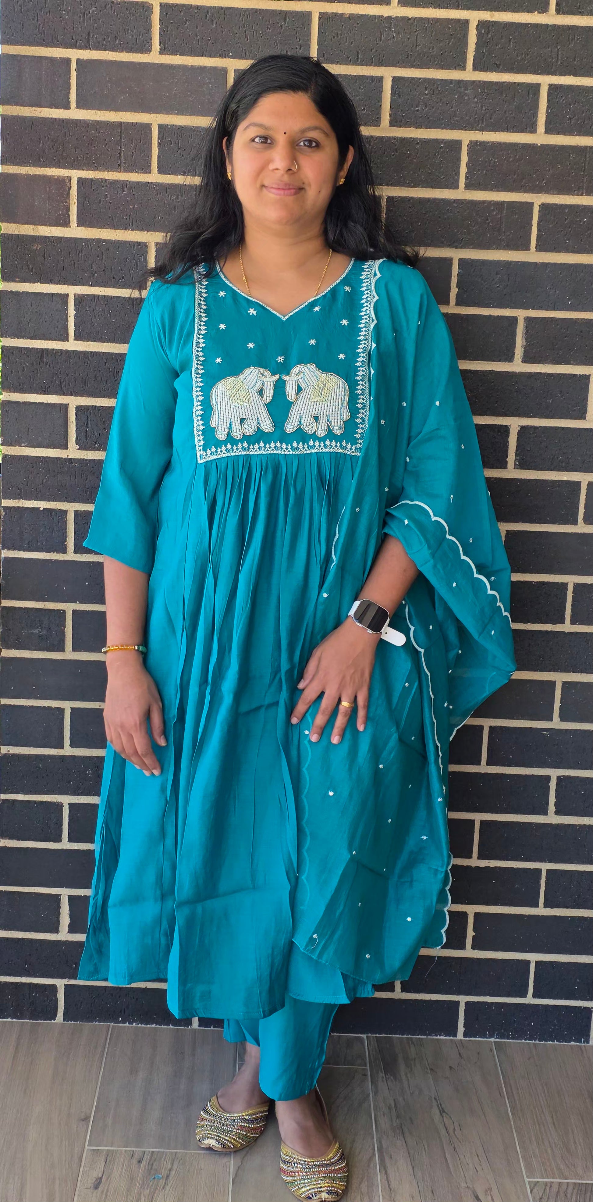 Peacock blue Mulchanderi 3-piece kurta set with elephant motif embroidery and sequin work - Indian ethnic wear Australia"