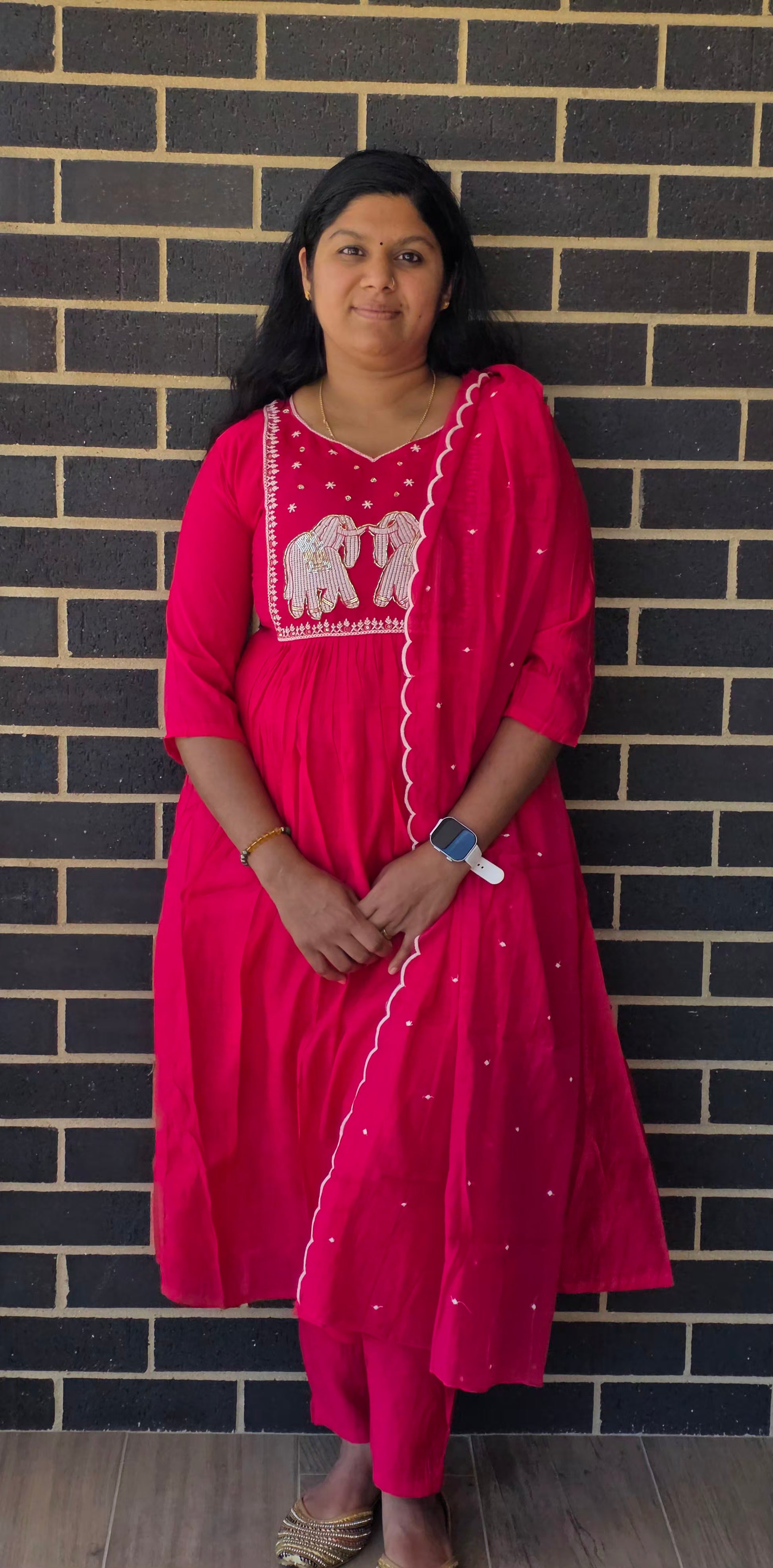 Pink  Mulchanderi 3-piece kurta set with elephant motif embroidery and sequin work - Indian ethnic wear Australia"