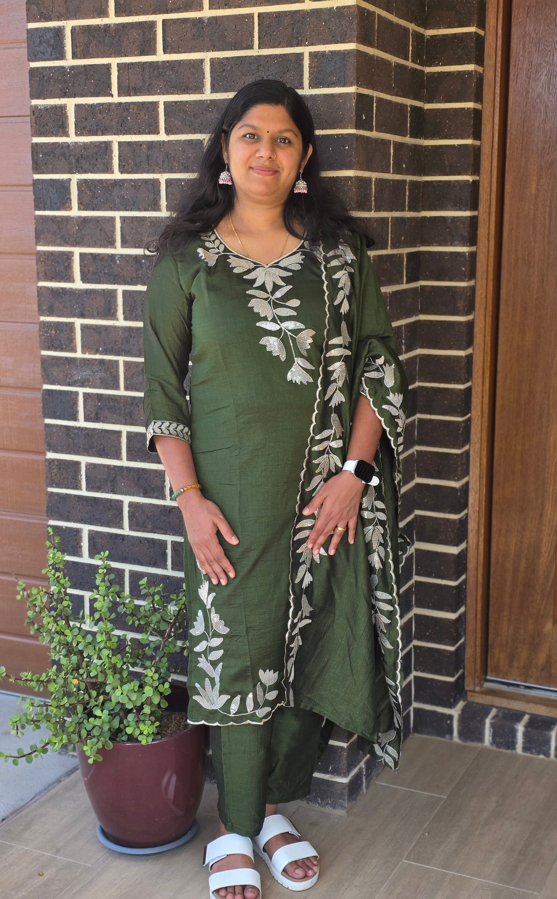 Vichitra silk 3-piece set with embroidered top and dupatta - Indian ethnic wear for women"