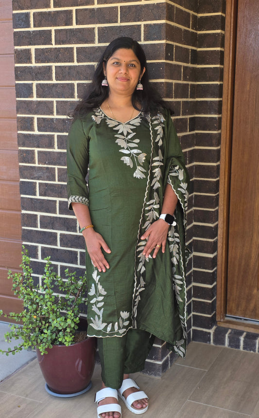 Vichitra silk 3-piece set with embroidered top and dupatta - Indian ethnic wear for women"