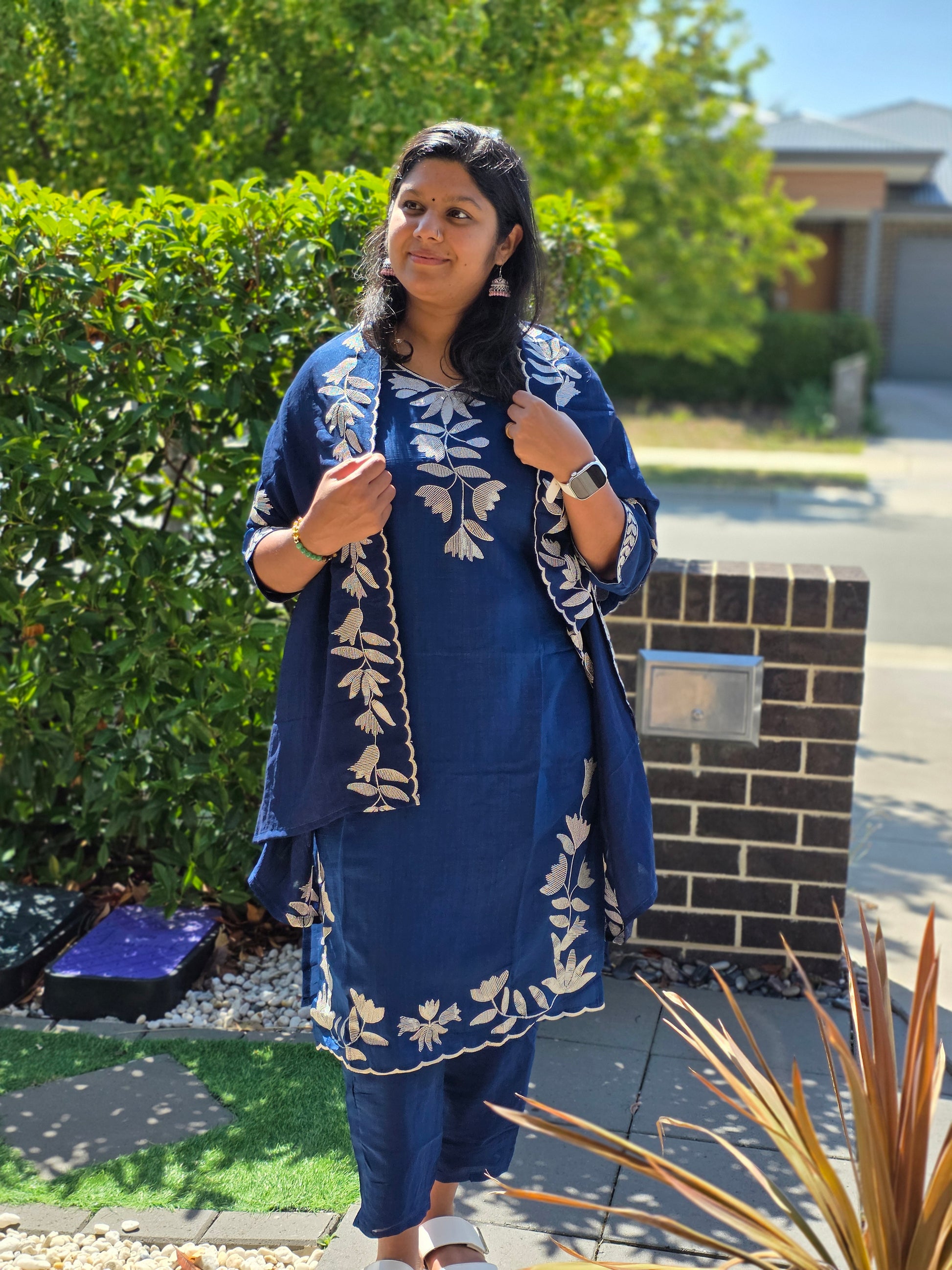  "Three-piece Vichitra silk suit set with dupatta - comfortable Indian occasion wear"