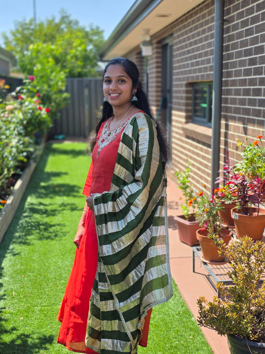 Mulchanderi 3 piece set with contrast dupatta