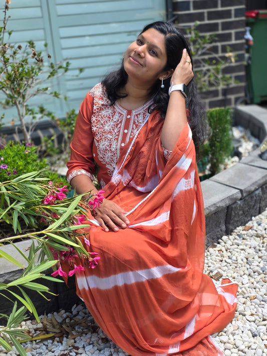 Lucknowi 3-Piece Suit Set with Shibori Dupatta