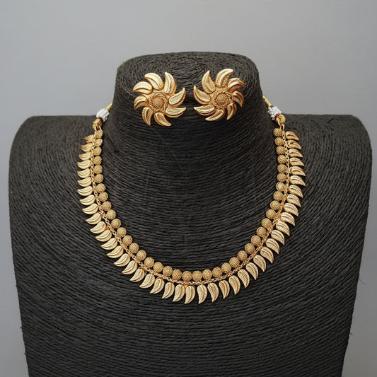 Antique Gold Leaf & Bead Necklace Set with Sunflower Stud Earrings