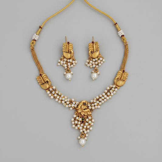 Peacock Pearl Antique Temple Necklace Set with Drop Earrings