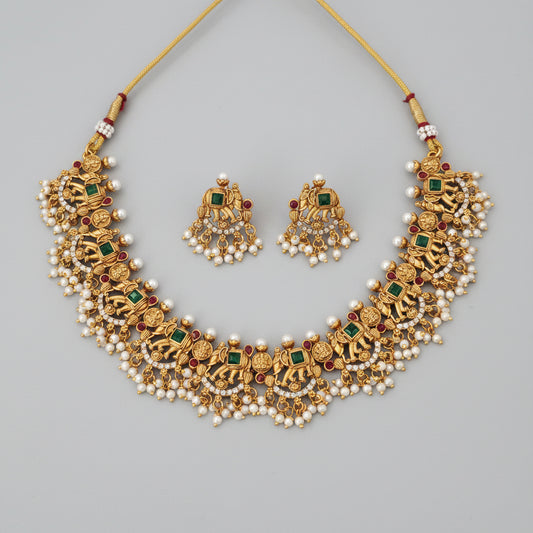 Antique Gold Gajalakshmi Temple Necklace Set with Earrings – Emerald & Ruby