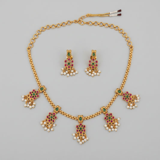 Antique Gold Navaratan Cluster Necklace Set with Earrings – Ruby & Emerald