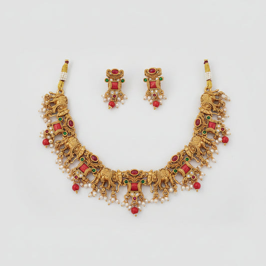 Antique Gold Elephant Temple Necklace Set with Earrings – Ruby & Emerald