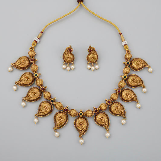 Antique Gold Paisley Necklace Set with Earrings – Ruby & Multicolour