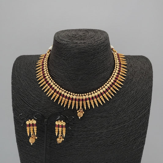 Antique Gold Spike & Ruby Necklace Set with Kalash Drop Earrings