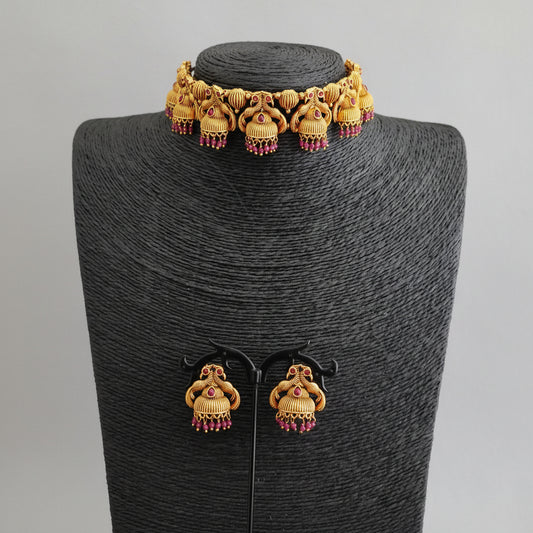 Antique Peacock Jhumka Choker Necklace Set | High Gold Polish Temple Jewellery
