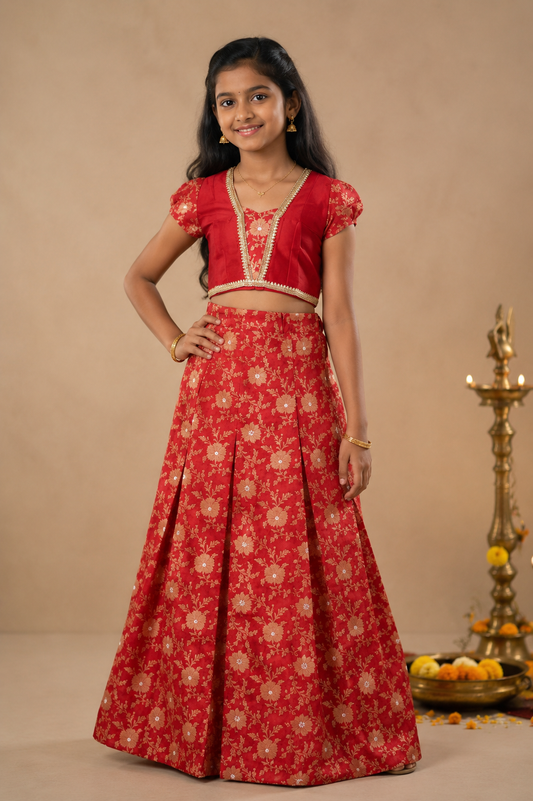Girls Red semi  Silk Top & Brocade Skirt Set | Festive Lehenga