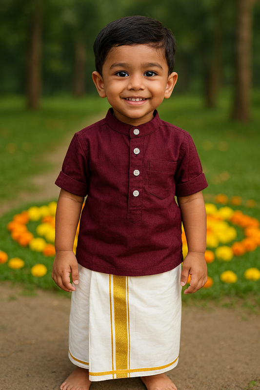 Boys Indian Traditional Cotton Shirt/ Mandarin Collar Shirt+ velcro dhoti (0-5 years)