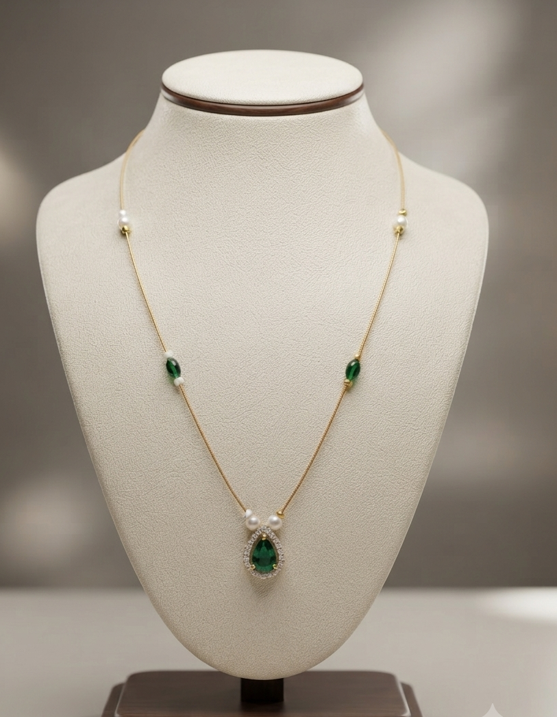 Invisible chain green stone necklace with pearl drops - full length view on bust display