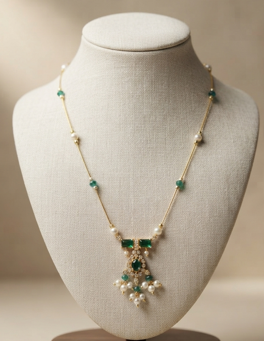 Invisible Chain Necklace with Green Stone & Pearl Drops