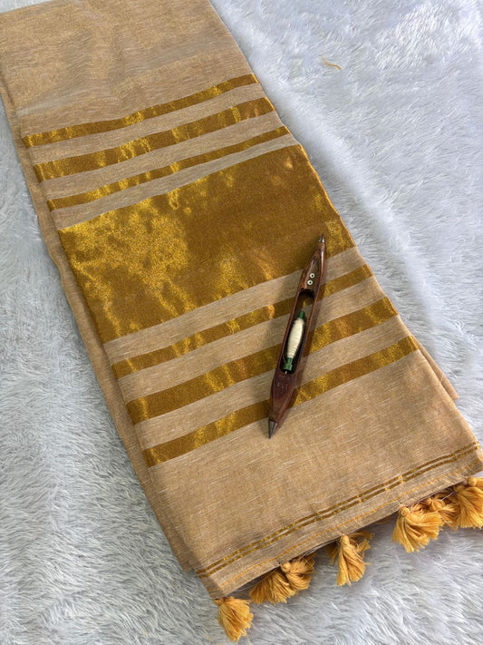 Kerala Linen Tissue Saree with stitched blouse.