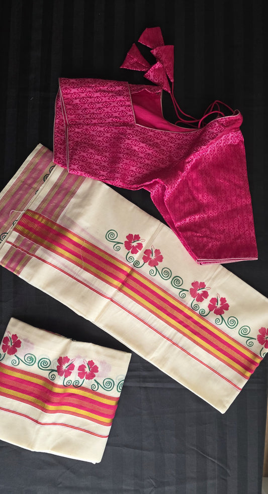Kerala Cotton Golden Zari Set mundu with ready to wear stitched blouse
