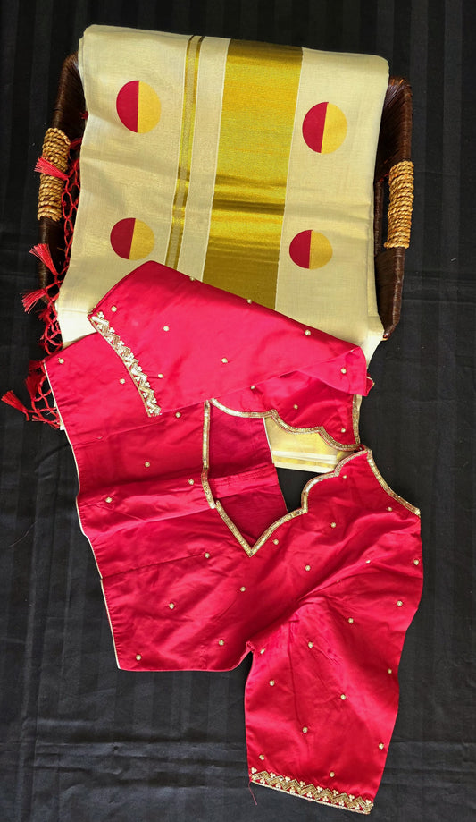 Kerala tissue polka dot saree -Design 1 with stitched blouse.