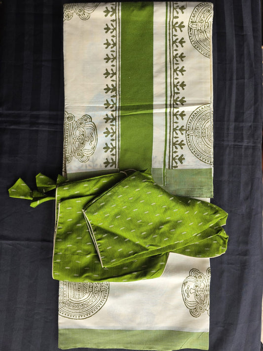 Jaipur block printed Kerala Cotton Saree with stitched blouse.