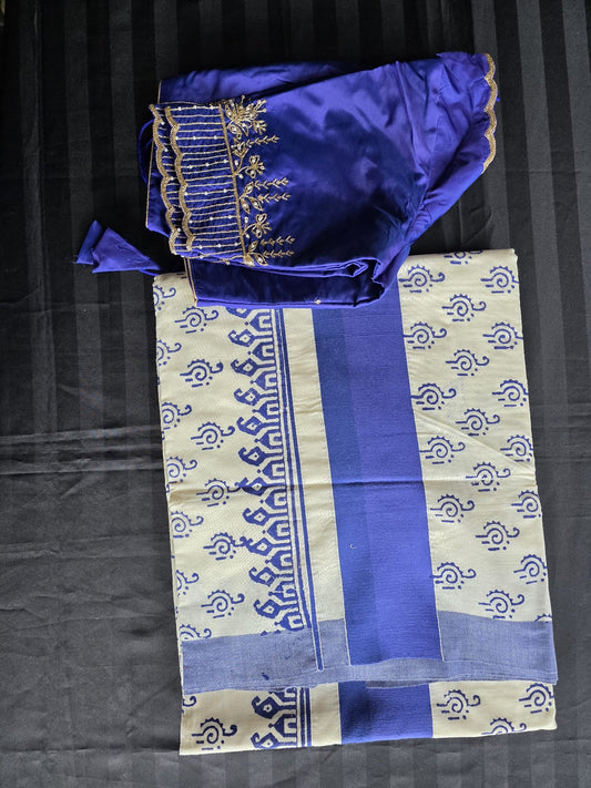 Jaipur block printed Kerala Cotton Saree with stitched blouse.