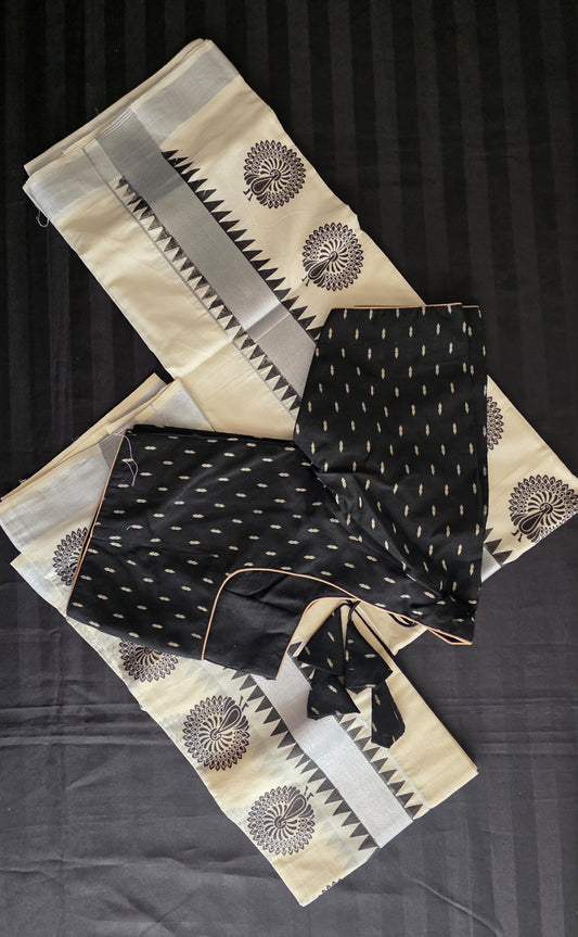 Kerala Cotton Silver Zari Set mundus with ready to wear stitched blouse.