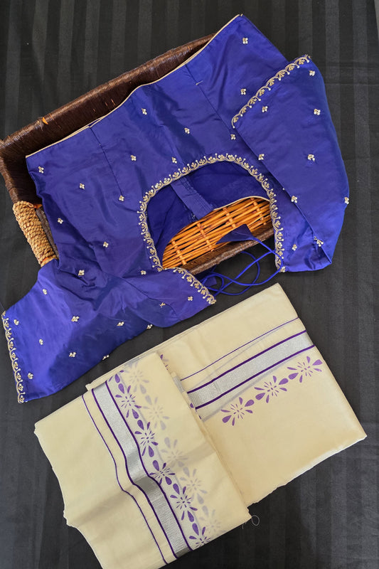 Kerala Cotton Silver Zari Set mundus with ready to wear stitched blouse.