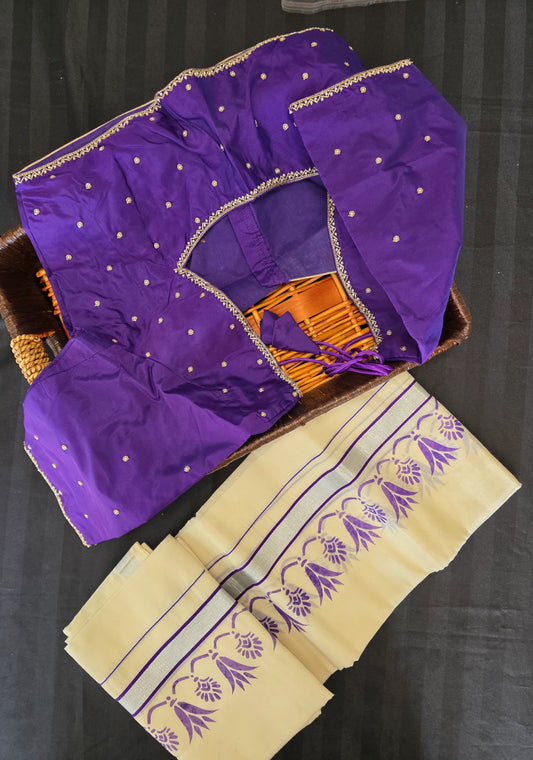 Kerala Cotton Silver Zari Set mundus with ready to wear stitched blouse.