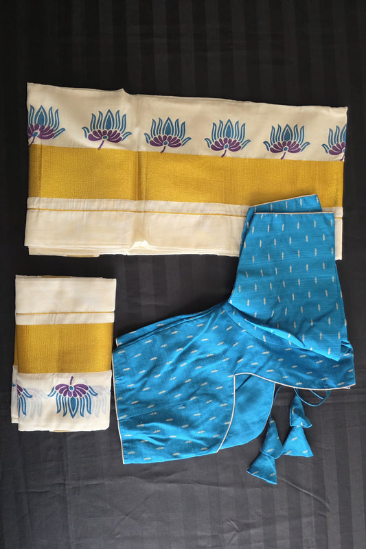Kerala Cotton Golden Zari Set mundu with ready to wear stitched blouse