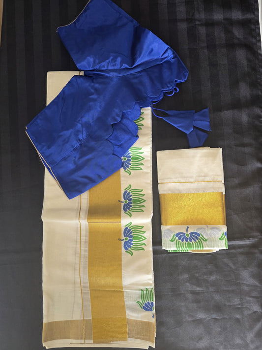 Kerala Cotton Golden Zari Set mundu with ready to wear stitched blouse