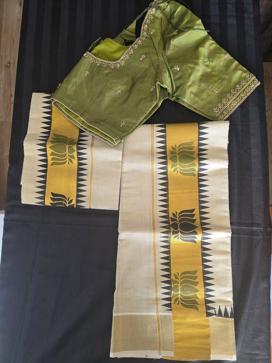 Kerala Tissue Setmundu with ready to wear blouses