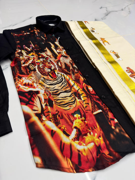 Half & Half Black Cotton & Pulikali Sticker Print Full Sleeve Shirt with Kerala Double Dhoti Set