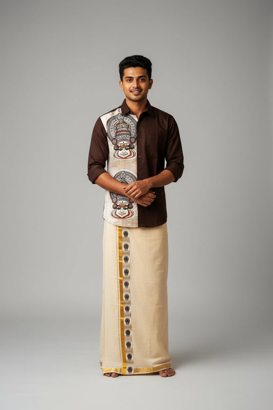 Half & Half Kathakali Sticker Print Full Sleeve Shirt with Kerala Off-White Double Dhoti Set