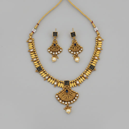 Navy Blue Stone Antique Gold Necklace Set with Drop Earrings