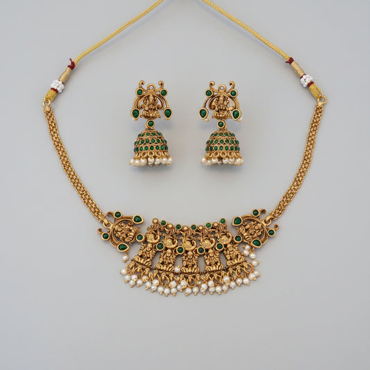 Lakshmi Temple Choker Necklace Set with Emerald Jhumka Earrings