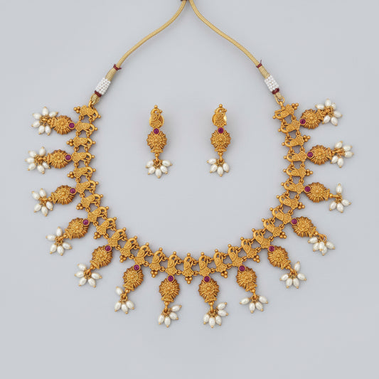 Peacock Surya Temple Necklace Set with Pearl Drop Earrings