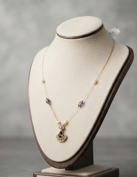 Invisible Chain Necklace with Purple Stone & Pearl Drops