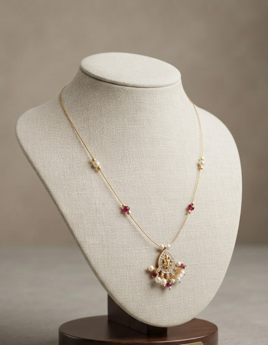 Invisible Chain Necklace with Pink Stone & Pearl Drops