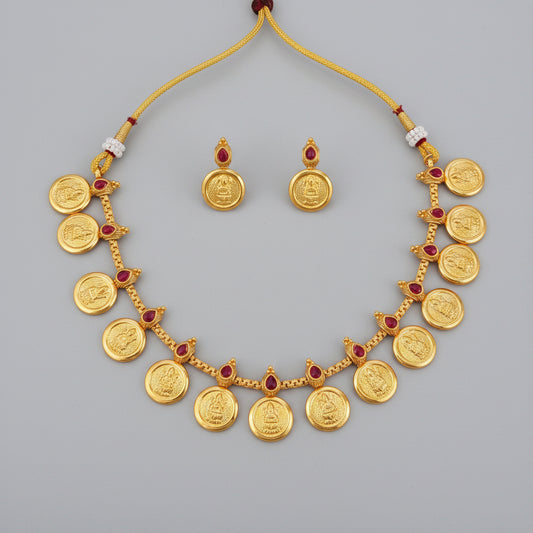 Antique Gold Lakshmi Coin Necklace Set with Ruby Teardrop Links & Earrings