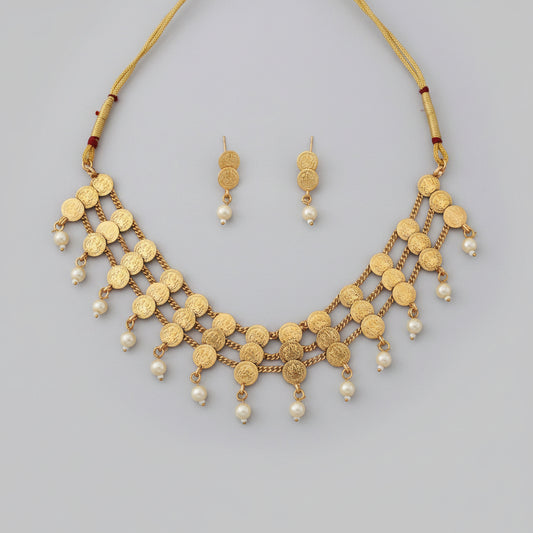 Antique Gold Lakshmi Coin Choker Necklace Set with Earrings