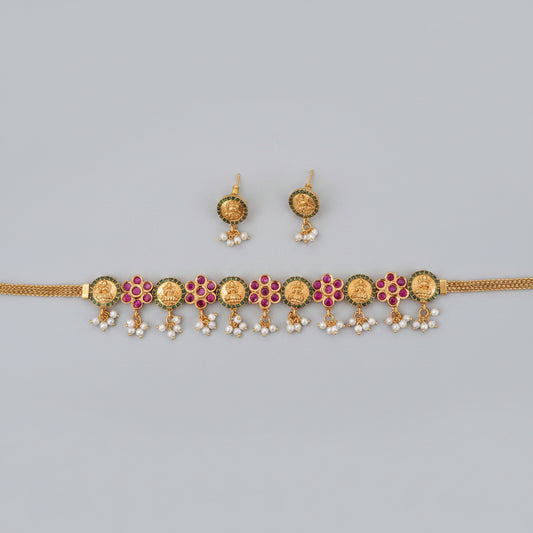Antique Gold Lakshmi Coin Ruby Floral Choker Necklace Set with Earrings