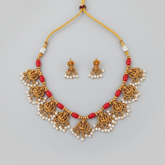Antique Gold Lakshmi Temple Necklace Set with Coral Beads & Earrings